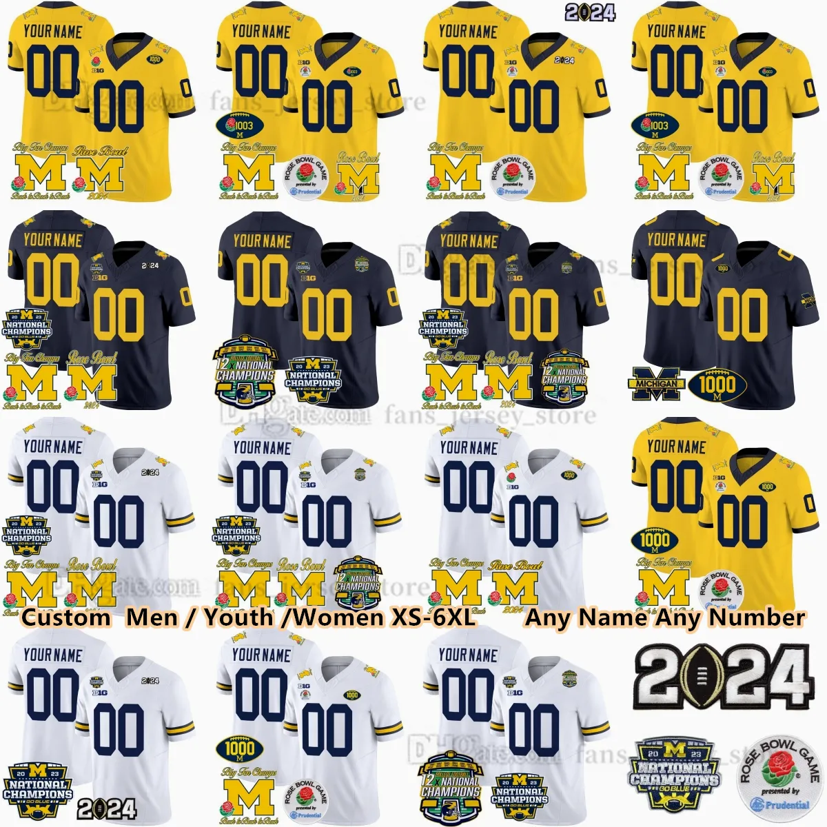 Anpassad NCAA 2023-24 Big Ten Champion Michigan Wolverines Football Jersey 9 J.J. McCarthy 10 Tom Brady 2 Charles Woodson Cade McNamara Corum 1000 segrar Rose Bowl Patch