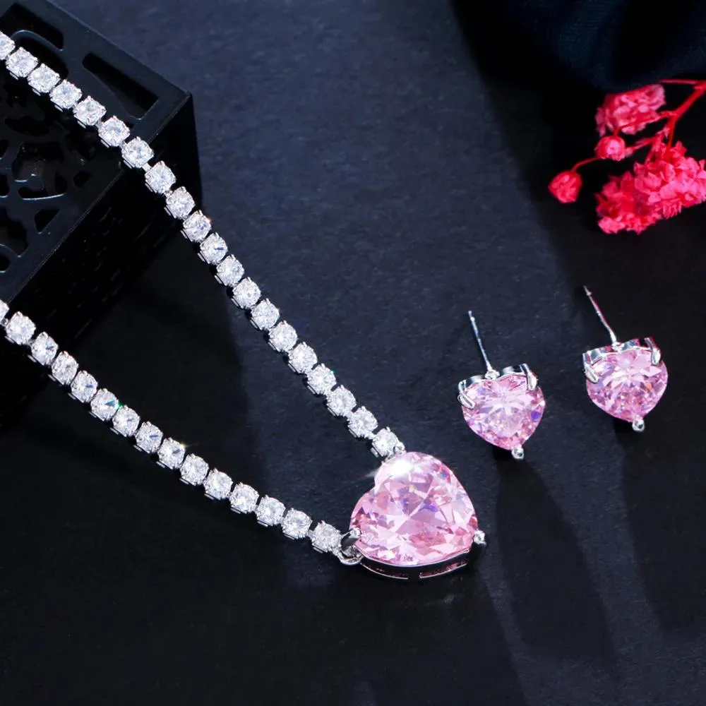 Halsband cwwzircons söt romantisk kärlek hjärta form rosa kubik zirkoniumkristall kvinnor engagemang halsband örhänge bröllop smycken set t554