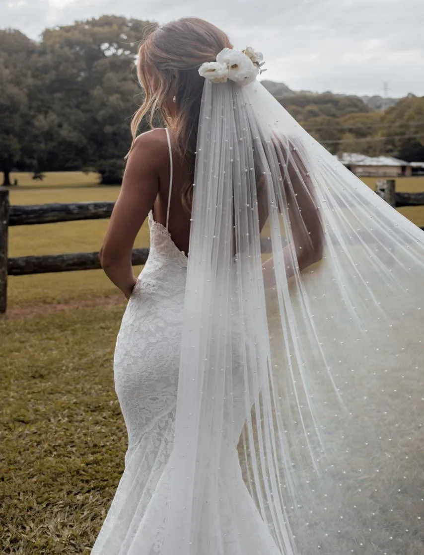 Luxe fait à la main 1 niveau perle voile de mariage romantique longs voiles de mariée longueur cathédrale 3 mètres tulle doux pour mariée bord coupé avec 1754506