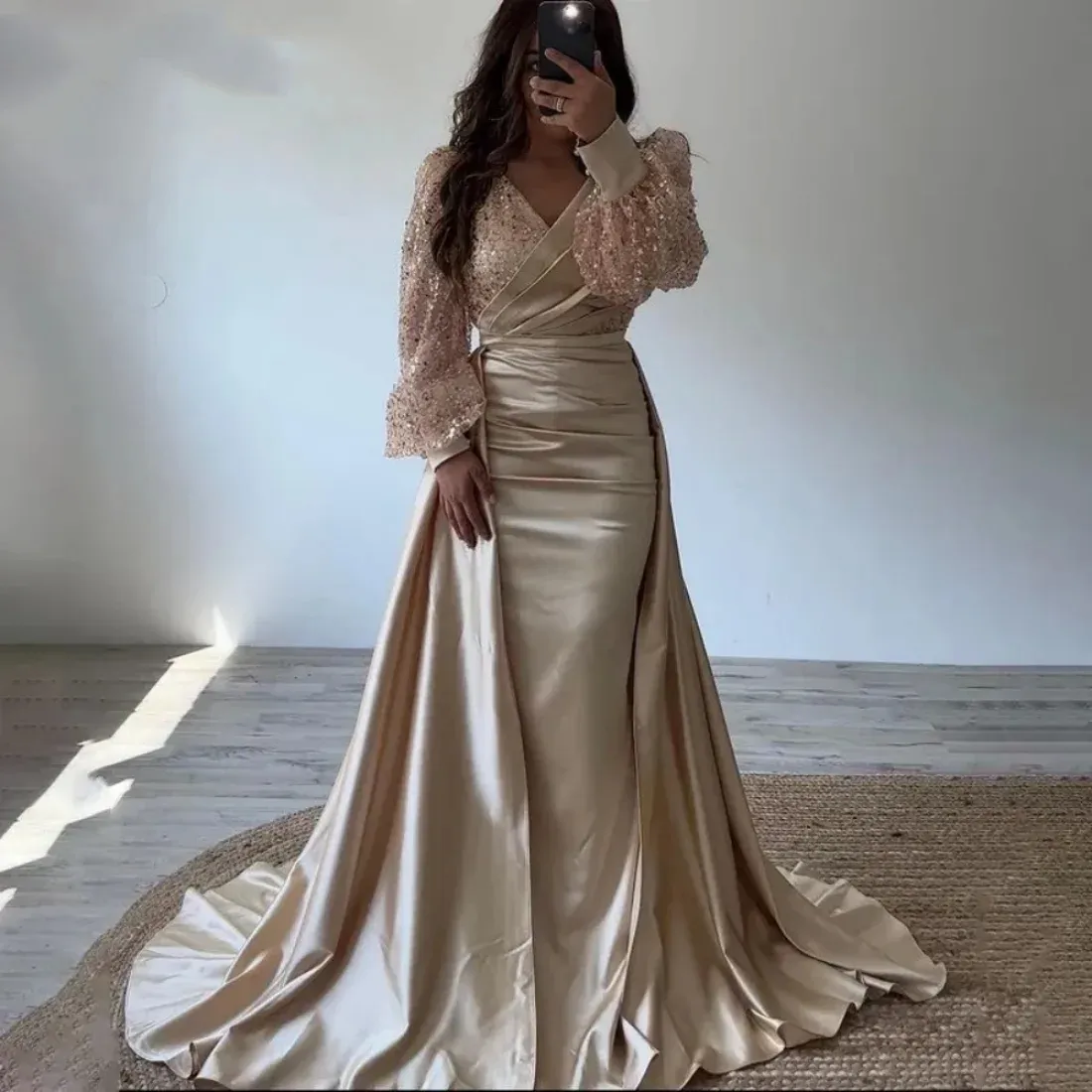 2024 Long Puff Sleeve Champagne Mermaid Miss America Evening Gown with Shiny Sequins - Perfect for Prom, Formal Parties, and Arabic Dubai Events