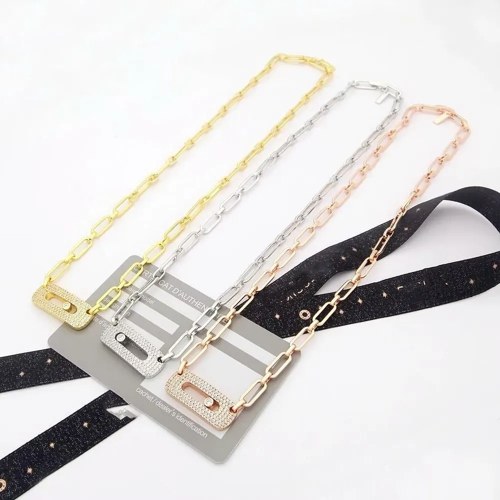 Luxury Pendant Necklace Uno Move Brand Designer Full Crystal Hollow Square Thick Bucket Chain Short Choker For Women Jewelry Party Gift