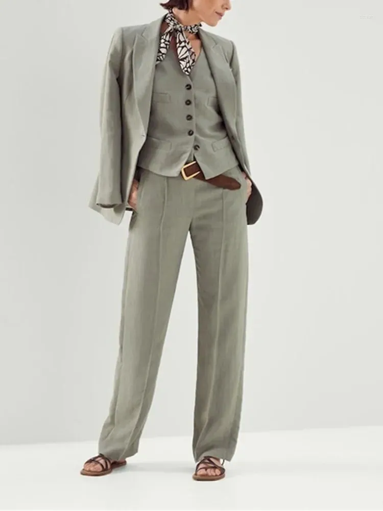Pantalon de deux pièces pour femmes, costume d'affaires OL, blazer à bouton unique, manteau ou col en V, gilet sans manches, taille élastique, pantalon long