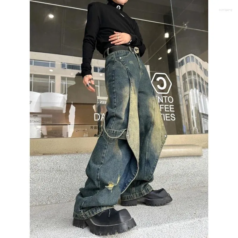 Jeans da uomo Y2k Nastro con finiture candeggiate Pantaloni in denim larghi Streetwear Pantaloni da uomo Abbigliamento Hip Hop Coreano