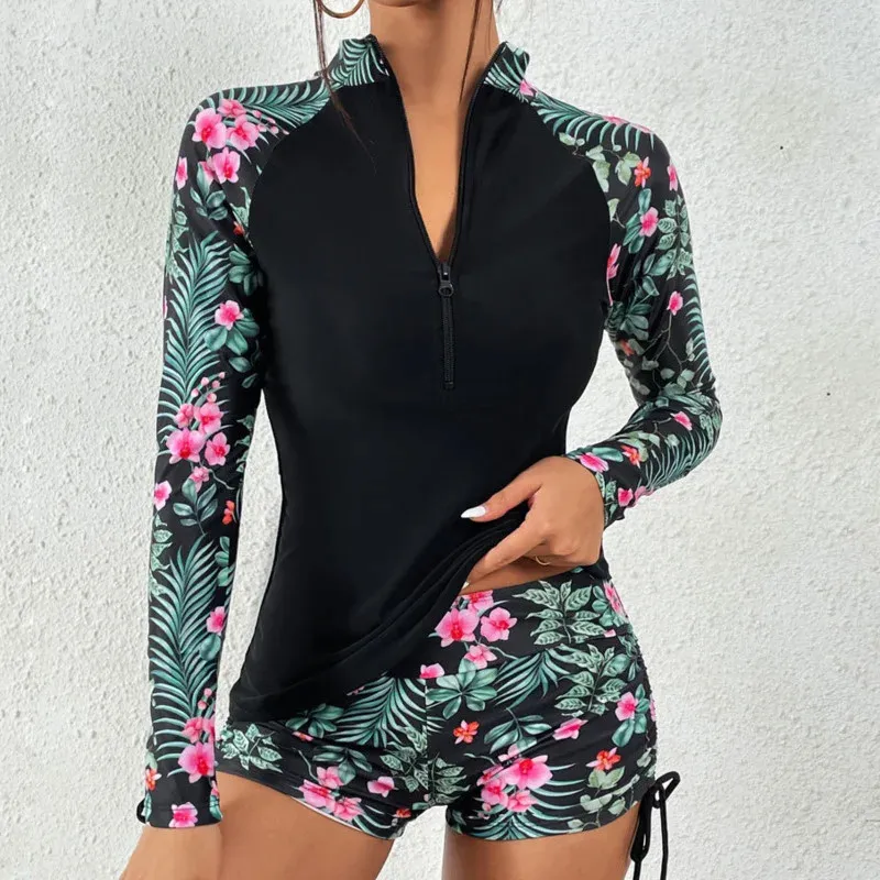 Female Swimsuit With Long Sleeves Swimwear Sports Surfing Tankini Set Beachwear TwoPiece Bathing Suits Pool Women Swimming Suit 240113