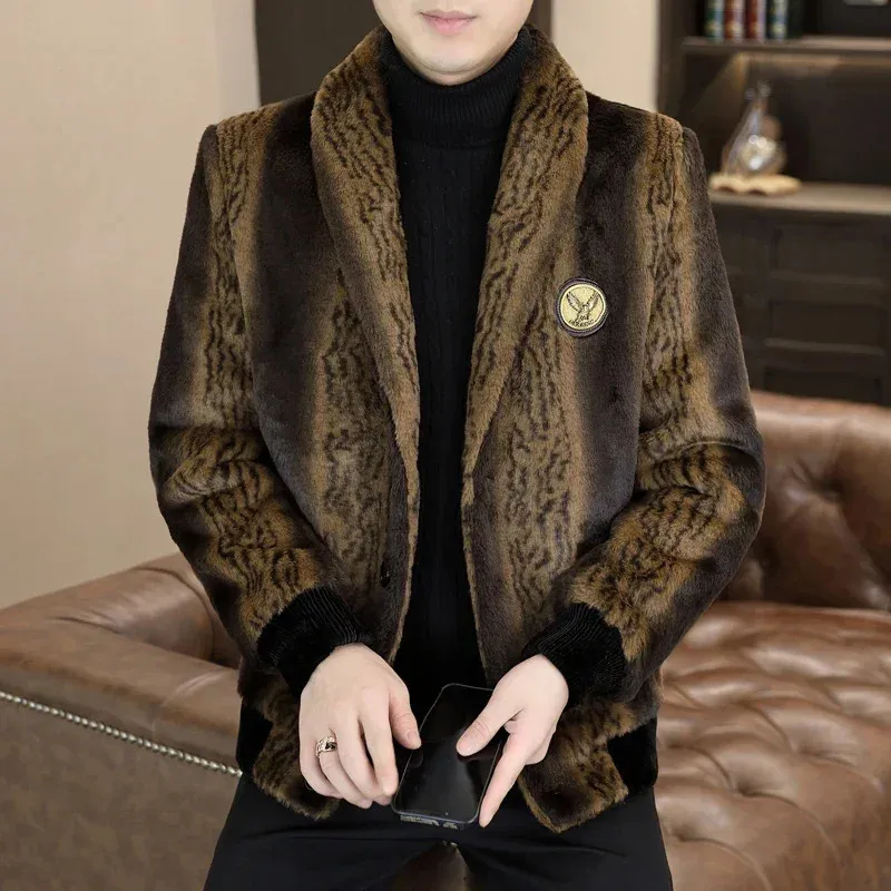 Luksusowe zimowe furtee norki Men Lapel Vintage Casual Business Imitation Fur Coat Office Social Men's Odzież M-4xl 240113