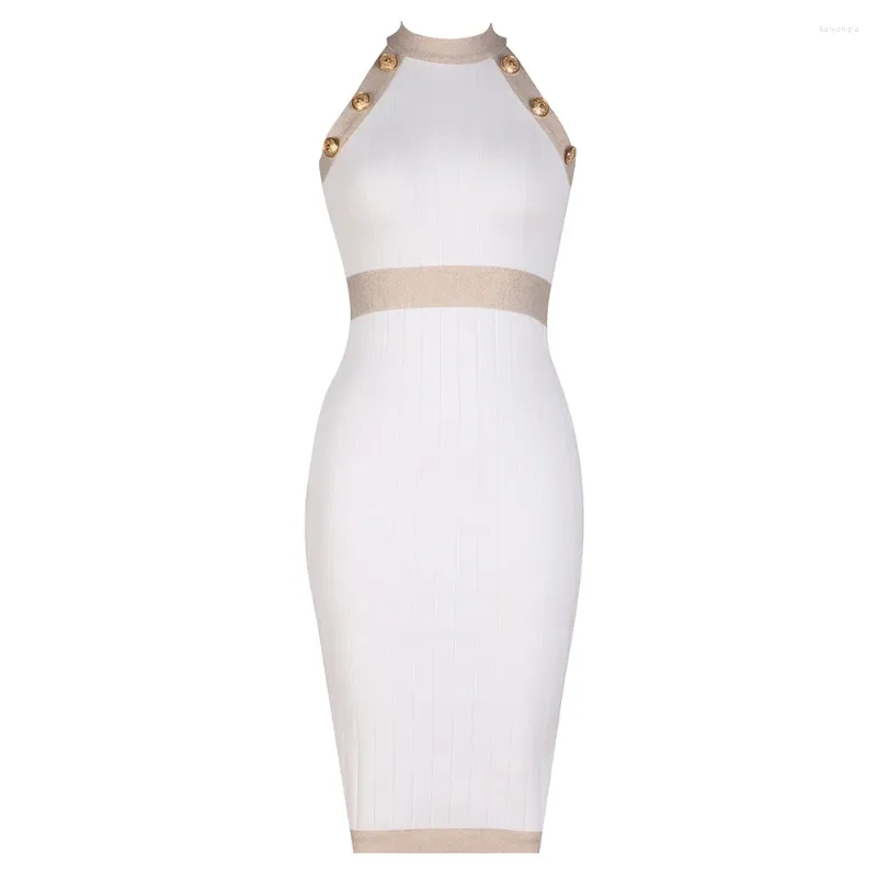 Vestidos casuais vestido de pescoço alto para mulheres 2024 moda sem mangas botões branco bandagem chique magro joelho comprimento noite elástico bodycon