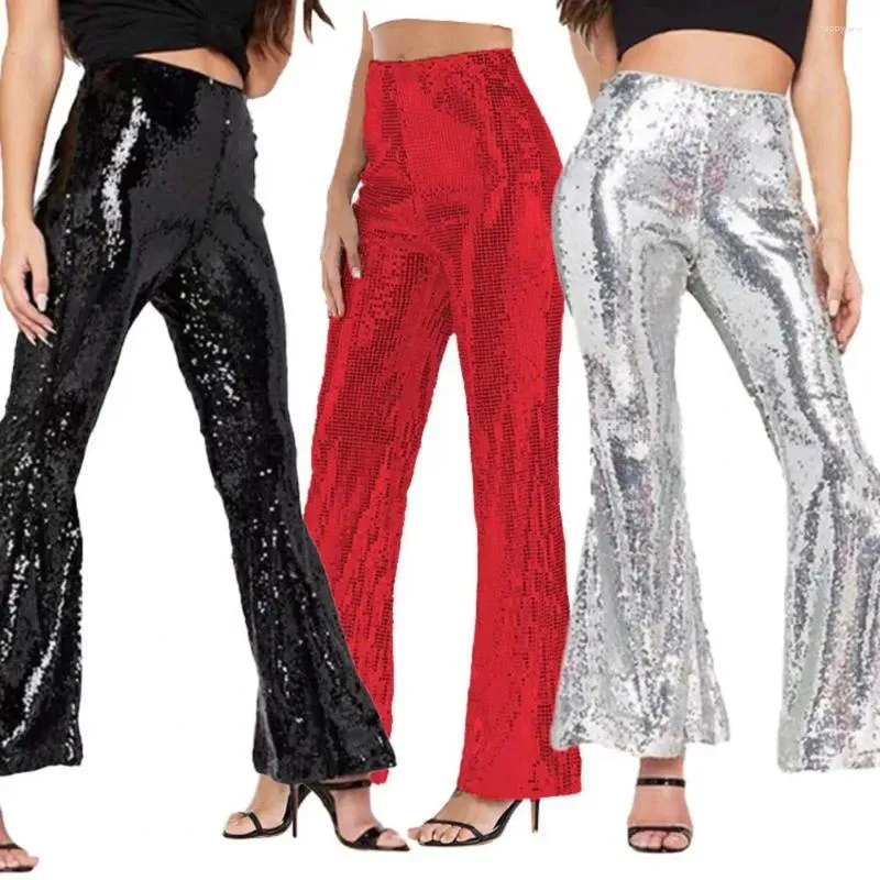 Pantalon Femme Femmes Brillant Paillettes Transparent Élastique Taille Haute Mince Lâche Ourlet Évasé Couleur Unie Pleine Longueur Doux Respirant Discothèque