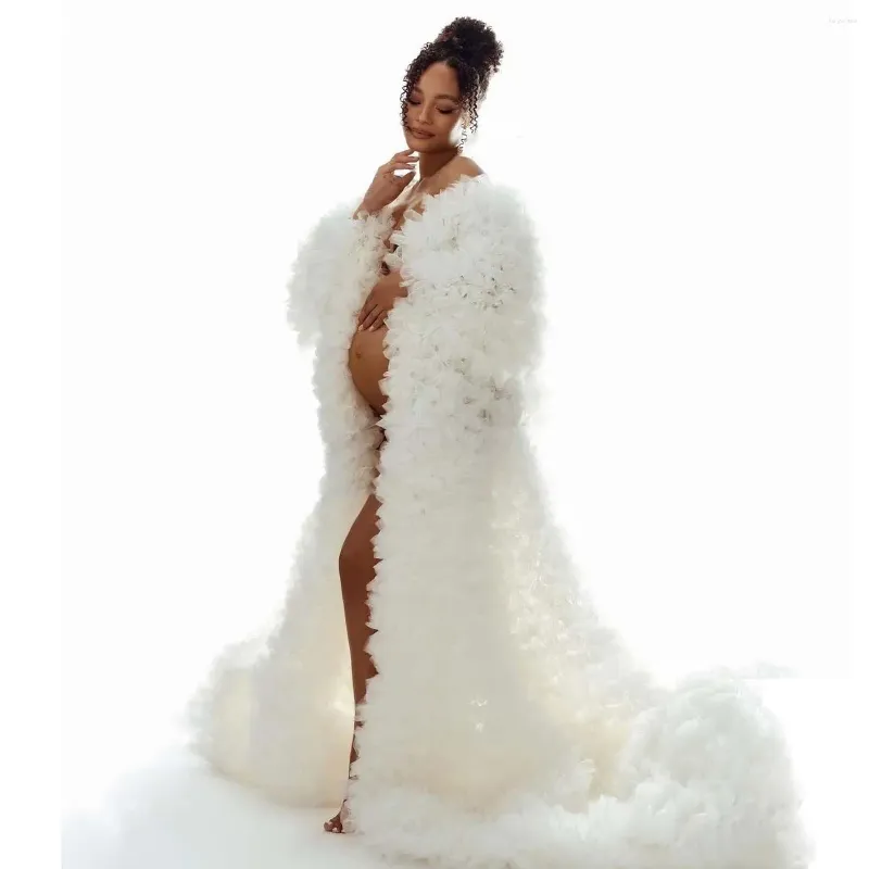 Casual Dresses Pure White Layerd Tulle Maternity Robe Poshoot Long Puffy Jacket Women Wrap Custom Made Ruffles Dress