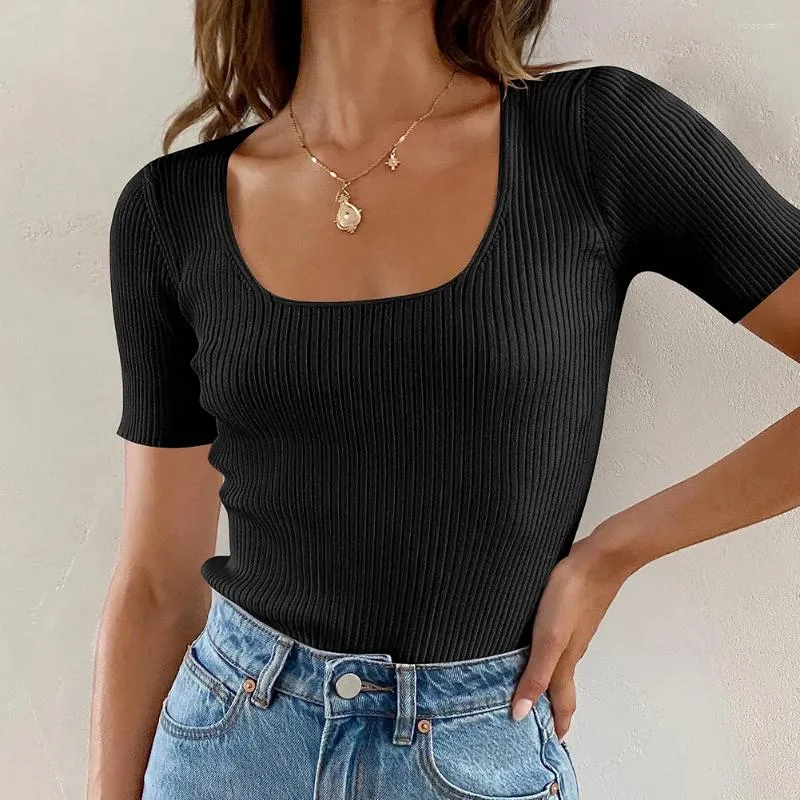 Women's T Shirts Women Short Sleeve Square Neck Summer Top Solid Color Ribbed Knit Elegant Daily Outfit Office Work Suit