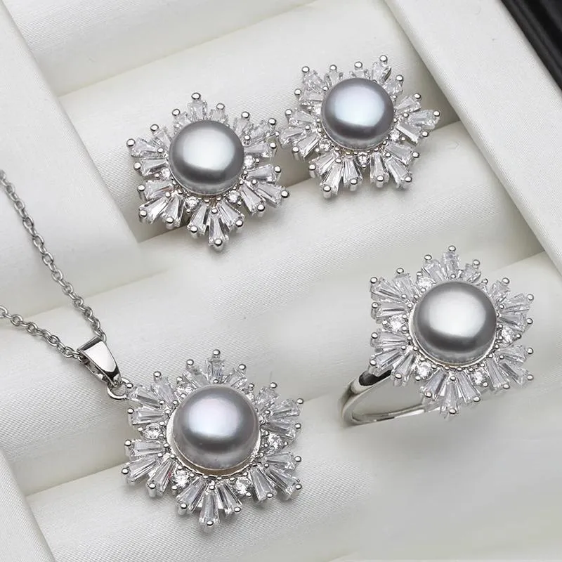 Colares Real Sier Colar Brinco 45cm Conjuntos de Pérolas Mulheres, Casamento Cinza Natural Água Doce Fine Jewelry Bridal Sets