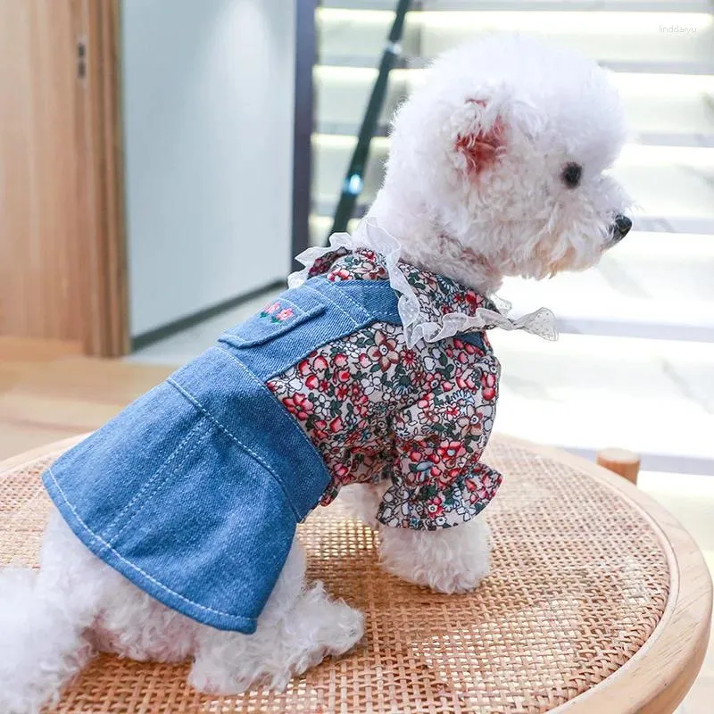Cão vestuário verão jean vestido roupas para animais de estimação floral denim saia pequena princesa cachorrinho chihuahua teddy