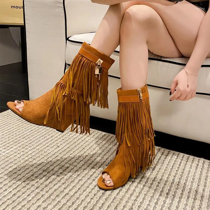 Sandálias Tassel Vintage Ankle Boots Mulheres Cunha Salto Verão Mid-Perna Gladiador Cool Roman Fish Boca com High Hee