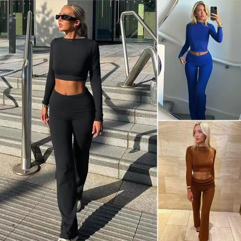 Améliorez votre style d'automne avec cet ensemble haut décontracté à manches longues et pantalon slim taille haute pour femme, chic et confortable, doté d'un design de couleur unie tendance.