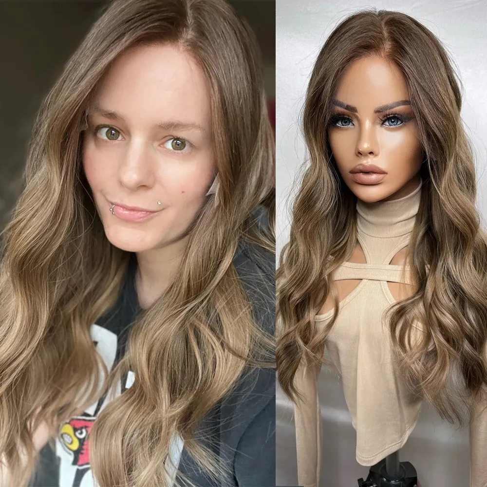 Premium brasilianskt mänskligt hår Mörkblond Balayage Brunett Full spetsspetsar Naturliga bruna höjdpunkter spets frontala peruk