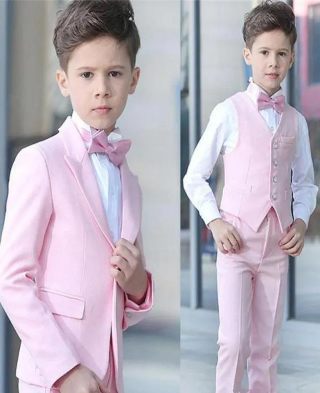 Pojke 4 stycken rosa kostym bröllop tuxedos topp lapel en knapp pojke formell bär barn kostymer för prom party anpassade madeblazerpantsve3907887