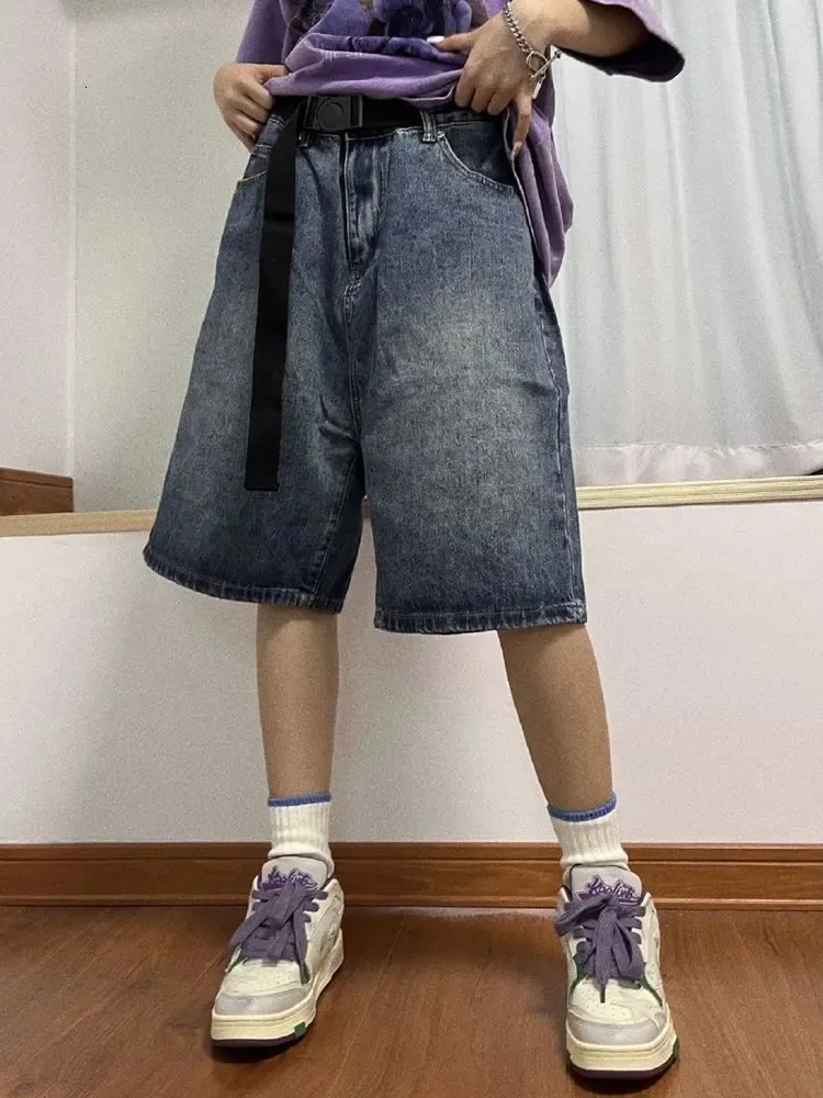 Y2K Summer Women Vintage Streetwear Korean Denim Shorts High Waist Knee Length Wide Leg Baggy Cargo Short Pants Harajuku Clothes 240113
