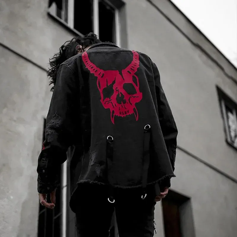 Mörk punk denim jackets män streetwear hip hop skalle tryckt svart jacka singel breasted cowboy manlig denim skjorta för män s-3xl 240113