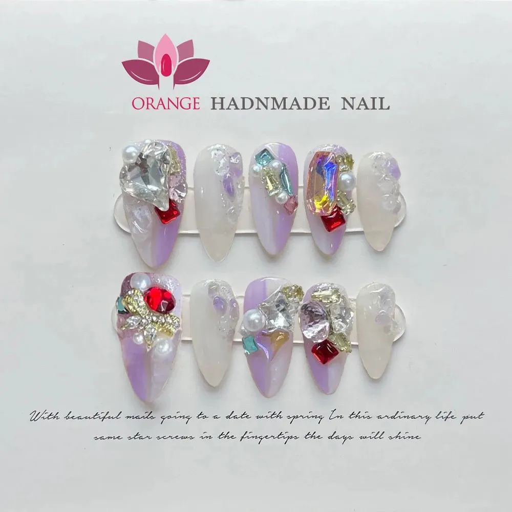Handgjorda mandelakrylpress på återanvändbar dekoration Fake Nail Design Full Cover Artificial Manicuree Wearable Orange Store 240113