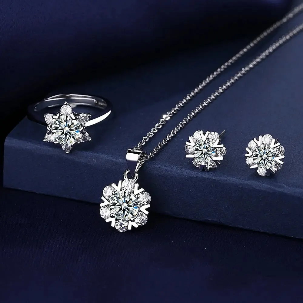 Charme flor diamante conjunto de jóias 925 prata esterlina festa anéis de casamento brincos colar para mulheres conjuntos de noiva presente 240113
