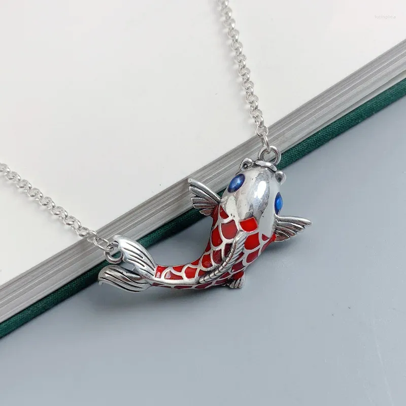 Chains 925 Silver Carp Red Fish Necklace For Women Vintage Enamel Crafted Clavicle Chain Exquisite Chinese Style Pendant Jewelry