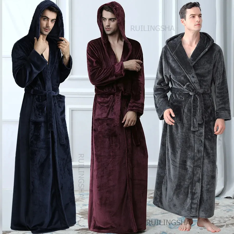 Men Hooded Long Thermal Bathrobe Plus Size Winter Flannel Thickening Warm Kimono Bath Robe Male Dressing Gown Mens Robes 240113