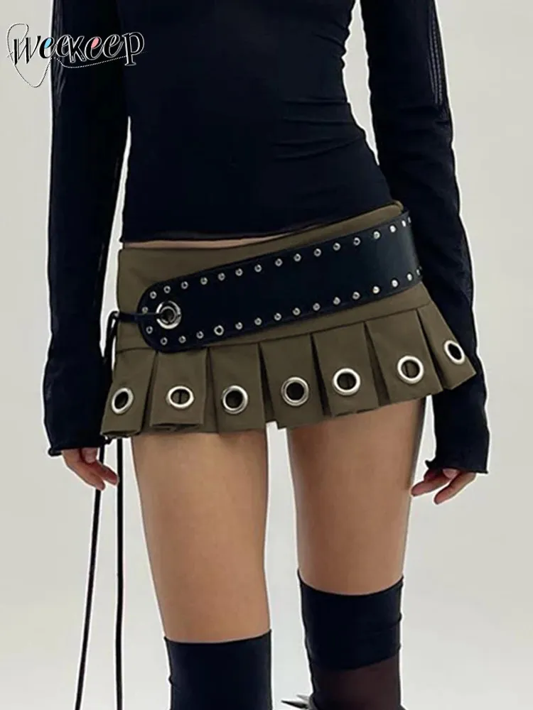 Weekeep Punk Low Rise Y2k Mini Pleated Skirt With PU Belt Autumn Sexy Super Short Vintage Grunge 2000's Outfits 240113