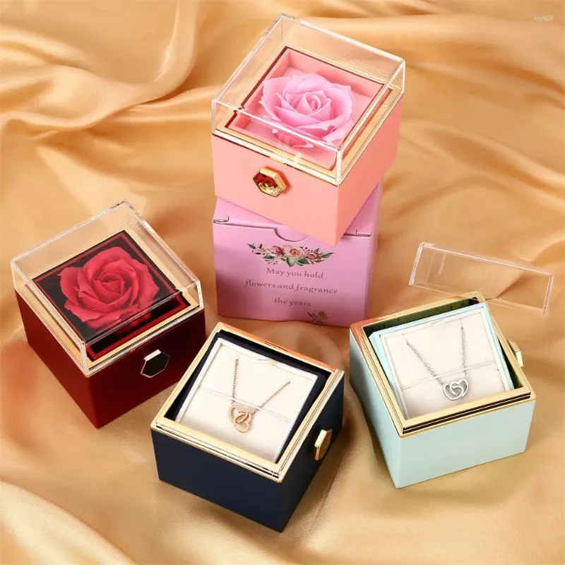 Naszyjniki wiszące 2024 Valentine Eternal Rose Jewelry Ring Box obracaj obrót Naszyjnik ślubny dla kobiet dziewczyna