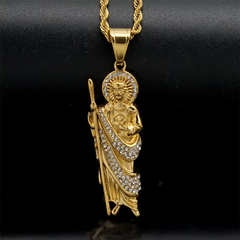 316 Rostfritt stål Silverguld St Jude Jesus Rligion Pendant Religiös God Kristus Katolsk silver Charm Halsband med kristallstrassar