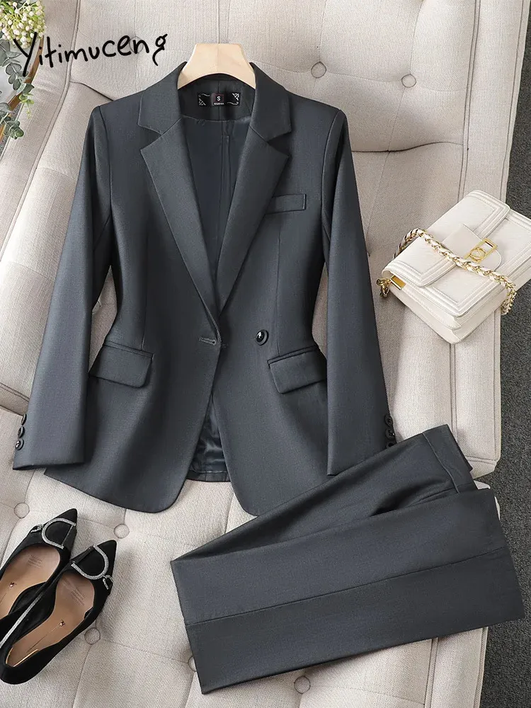 Elegant Black Pants Suit for Women Autumn Winter Office Ladies