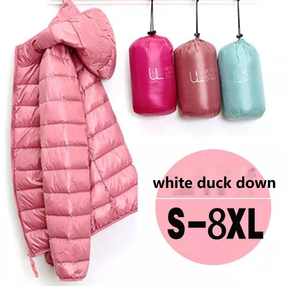 女性のパフジャケット15色プラスサイズ5xl 6xl 7xl新しい春秋の女性ウルトラ軽量パック可能なフード付きコート