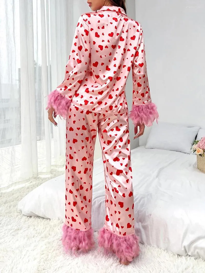 Womens Satin Pajama Set with Feathers Elegant Loungewear, Long