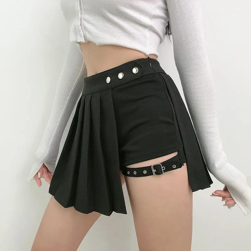 Pleated Girls Gothic Half Skirts Summer Harajuku Punk Style Plaid Irregular Skirt Asymmetrical High Waist Black 240113