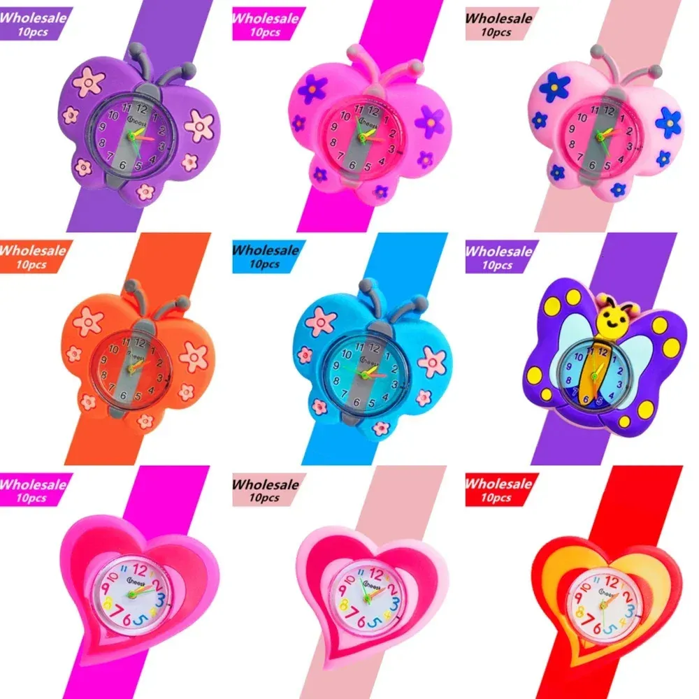 10Pcs Wholesale Children's Slap Watches Cartoon Butterfly/bee/ladybug Toy Baby Learn Time Clock Kids Watches Birthday Gift 240113