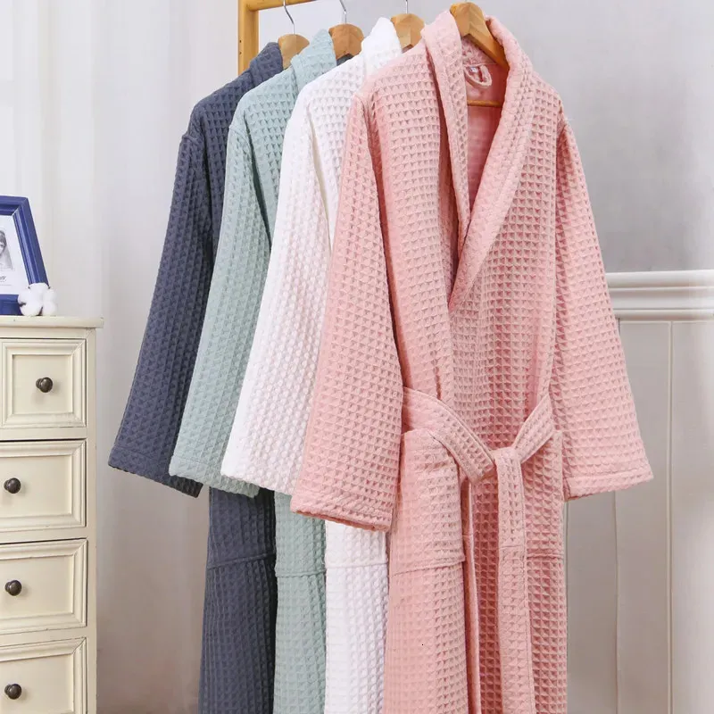 2 couches gaufré el Robe hommes 100% coton Kimono peignoir serviette Robe de bain Robes d'absorption d'eau femmes longue Robe de chambre vêtements de nuit 240113