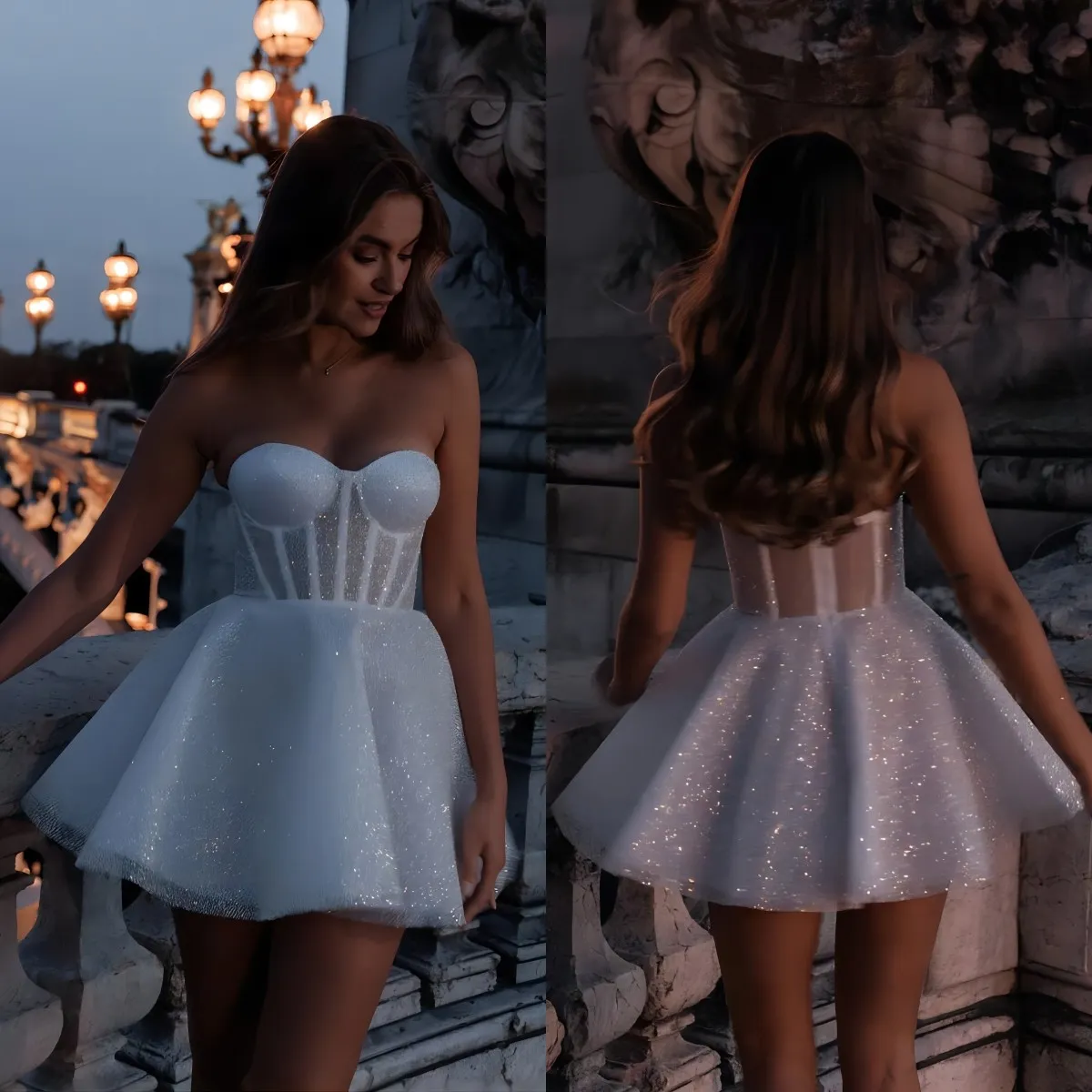 Boho Short A Line Abiti da sposa Sweetheart Glittle Sparkle Ricevimento di nozze Abito con mini abiti da sposa firmati senza schienale regalo