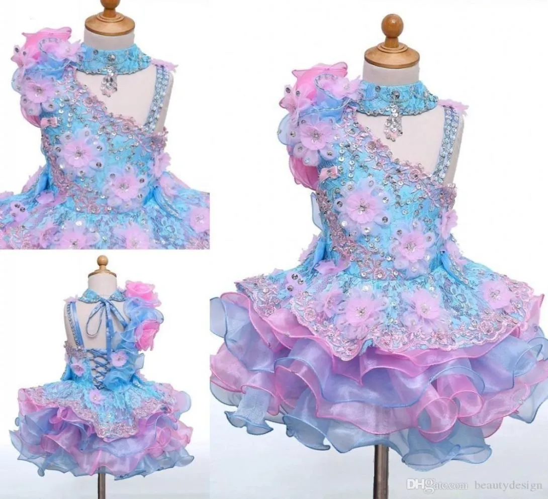 Immagine reale Collo alto Mini Cupcake corto Ragazze di fiore Abiti Appliques Perline Laceup Indietro Ragazze Abiti da spettacolo Compleanno per bambini Par6939095