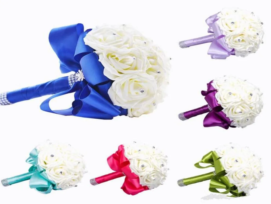 New Bridal Bouquet Wedding Decoration Artificial Bridesmaid Flower Crystal Silk Rose WF001 Royal Blue Mint White Green Lilac Cheap4260682