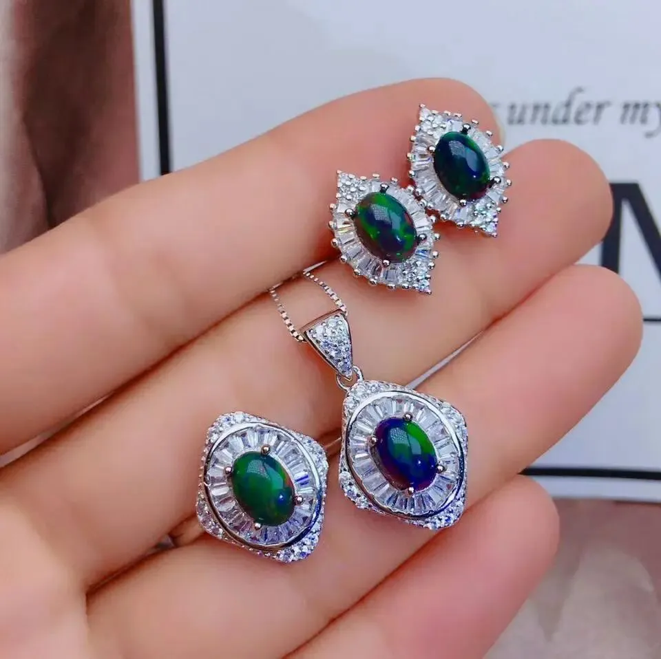 Necklaces Meibapj Natural Black Opal Gemstone Flower Earrings Ring and Necklace 3 Siut for Women Real Sterling Sier Fine Jewelry Set