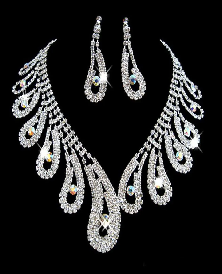 Ensembles de bijoux de mariée en strass à la mode, colliers et boucles d'oreilles de mariage en cristaux d'argent pour la mariée, accessoires de soirée de bal 9049585