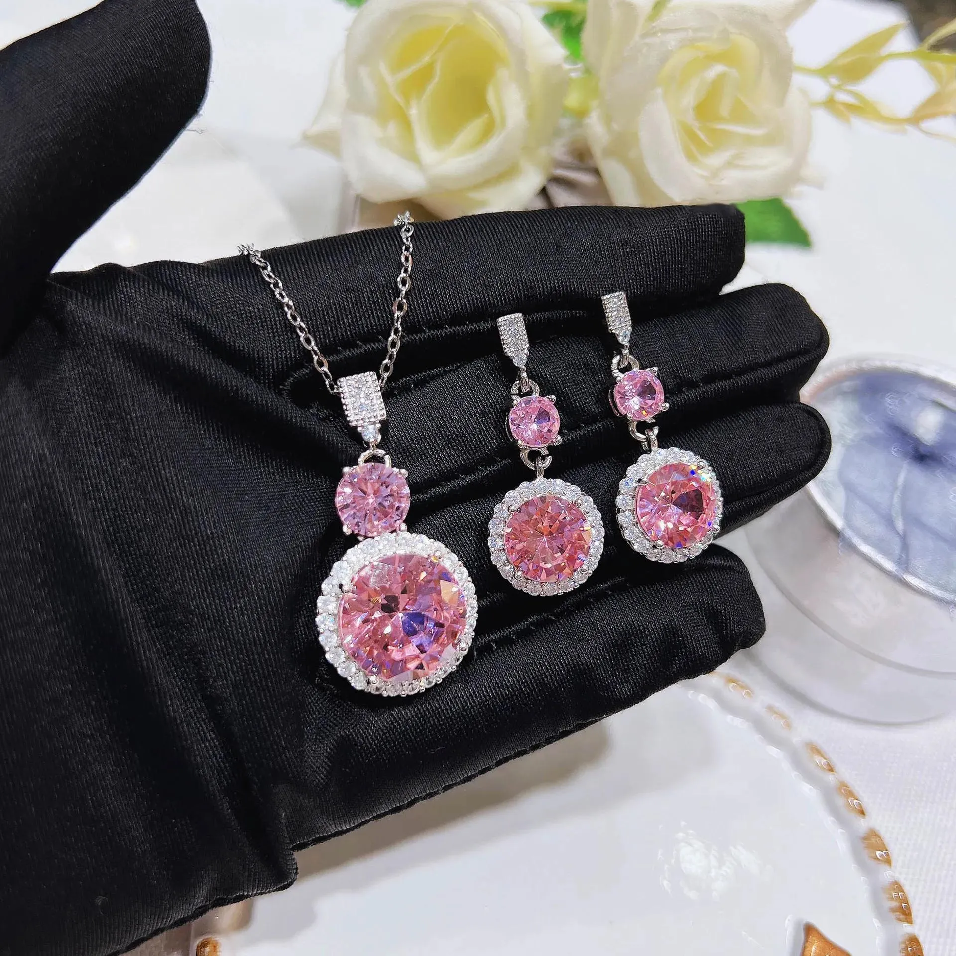 Halsband 2022 Pink Lab Diamond Jewelry Set Sterling Sier Party Wedding Earrings Chocker Halsband för kvinnor Bridal Gemstones smycken