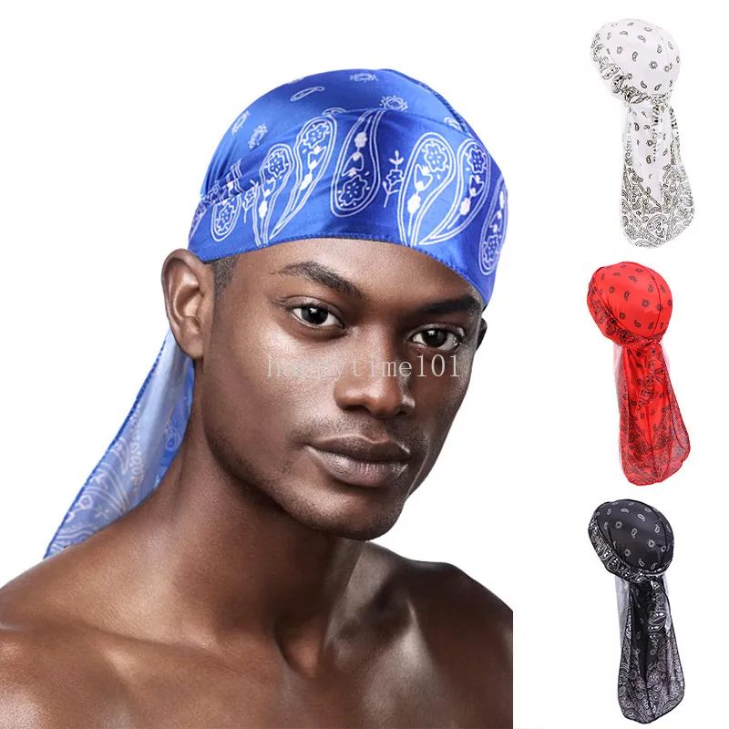 New Men Satin Paisley Printed Durag Turban Bandanas Headwear Silky DuRag Doo Rag Long Tail Pirate Hat Wave Caps Hair Accessories