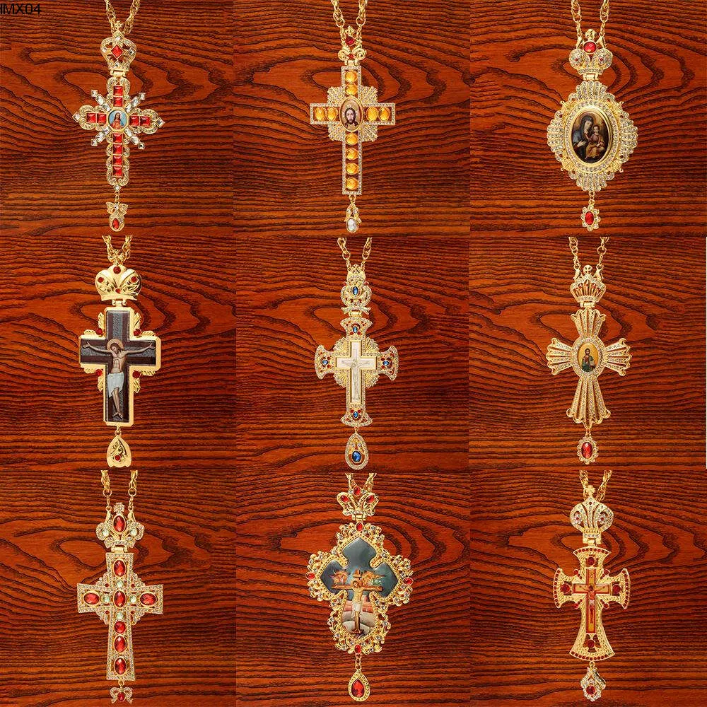 Naszyjniki wysokiej jakości krzyż piersiowy prawosławny Jezus Crucifix Wisianty Crinestones łańcuch złota biżuteria religijna pastor modlitwa produkty LM88