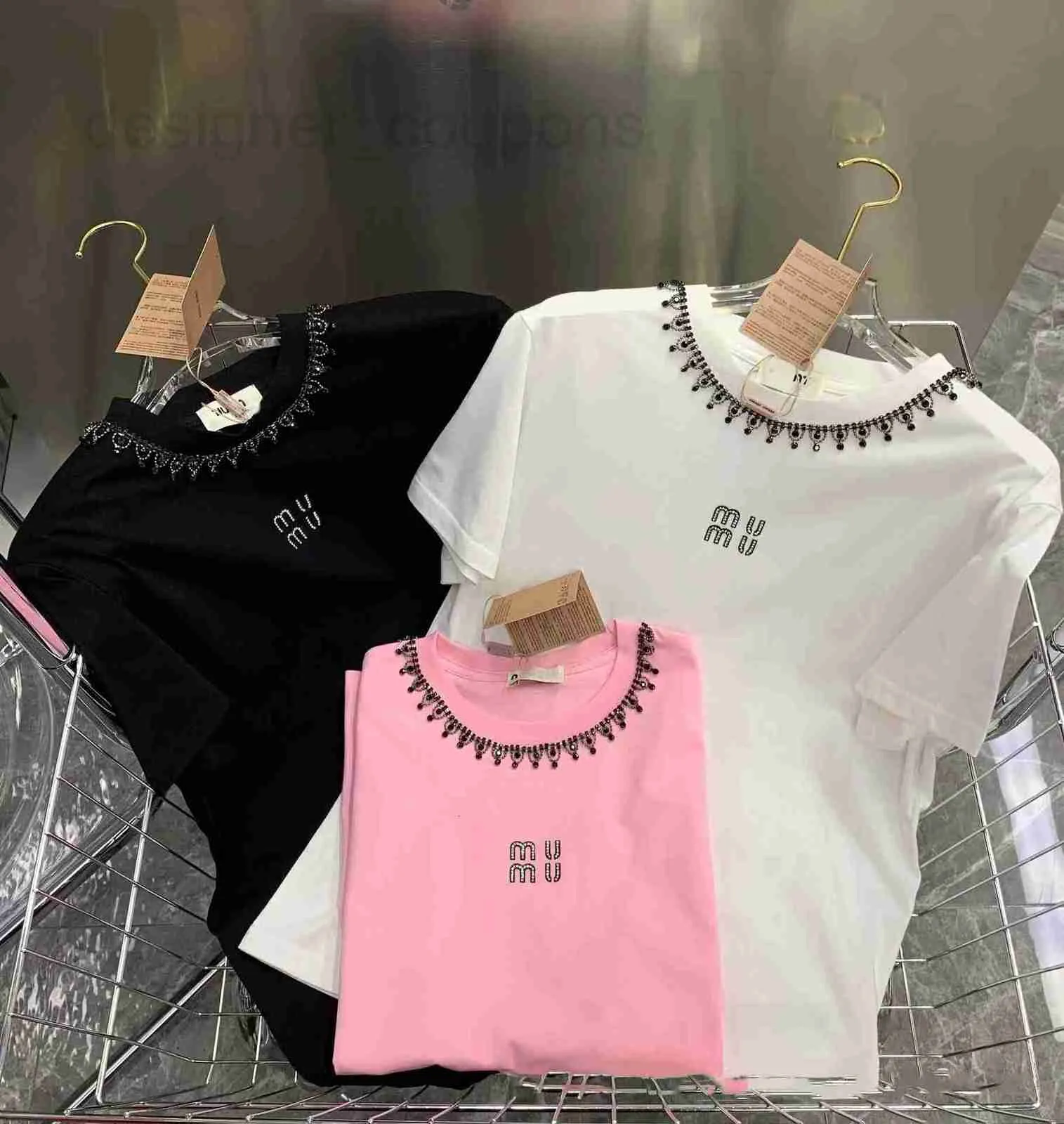 Designer luxe Miumiuss Zomer t-shirt voor dameskleding Letterborduurkralen O-hals T-shirt met korte mouwen Femme Losse casual crop top 100% katoenen T-shirt WGJE