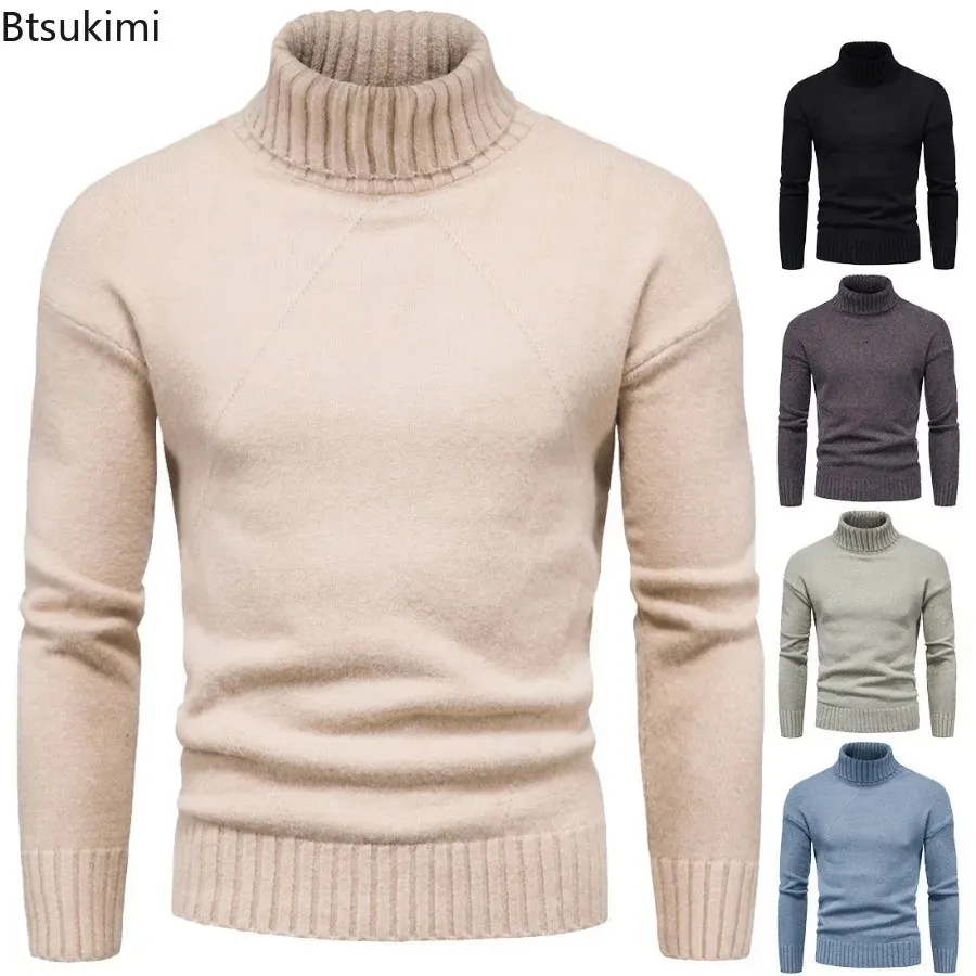 Herren-Winter-Rollkragenpullover, hochwertig, elastisch, warm, solide, schlanke Strickpullover, Tops für Männer 240113