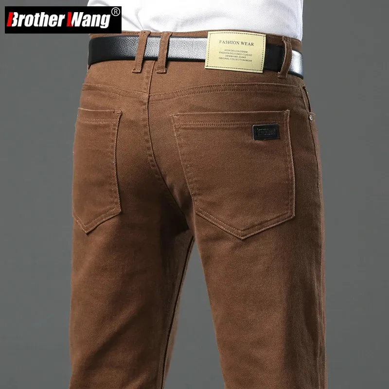 Style classique 3 couleurs automne hommes Slim marron Jeans haute qualité affaires décontracté Stretch Denim pantalon mâle marque pantalon 240113