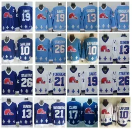 Mens Quebec Nordiques Vintage 19 Joe Sakic Hockey Jerseys Baby Blue 26 Stastny 13 Mats Sundin 21 Peter Forsberg 10 Guy Lafleur Jersey #17 We