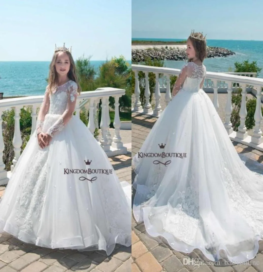 Holy White Princess Ball Gown Flower Girl Dresses Sheer Long Sleeves Applices Beaded Luxury Girls Formal Wear Gowns Summer Party 6688727