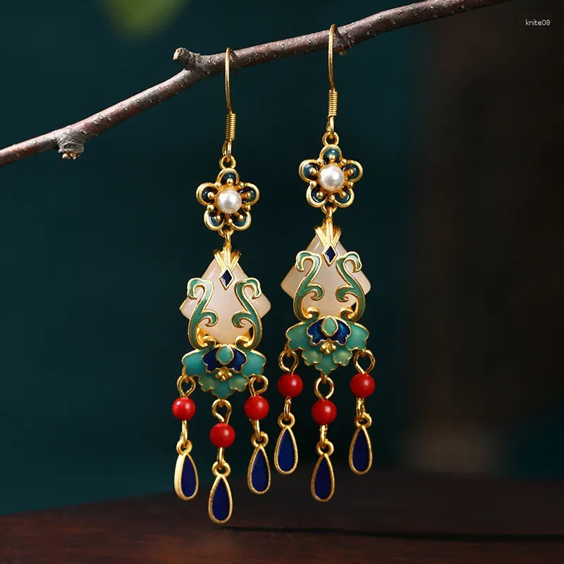 Stud Earrings Chinoiserie National Style Gilded Enamel Color Painting Imitation An Jade Retro Elegant Temperament Long Tassel