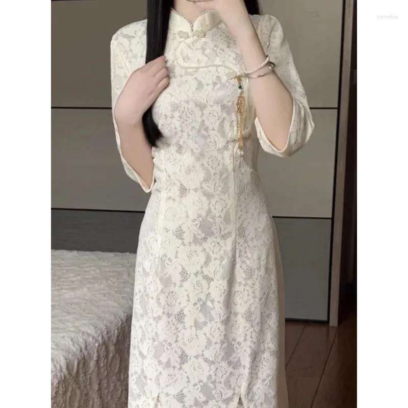 Ethnic Clothing Qipao Dress Cheongsam Lace Improved Chinese Traditional 2024 Spring And Autumn High End Fishtail Long Asian
