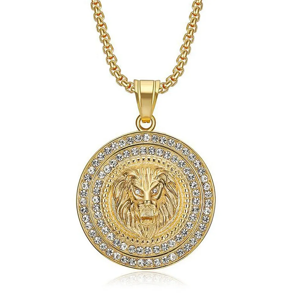 Hip Hop Iced Out CZ Lion Head Pendant Male Golden Color 14k Yellow Gold Round Animal Necklace For Men Jewelry High Quality